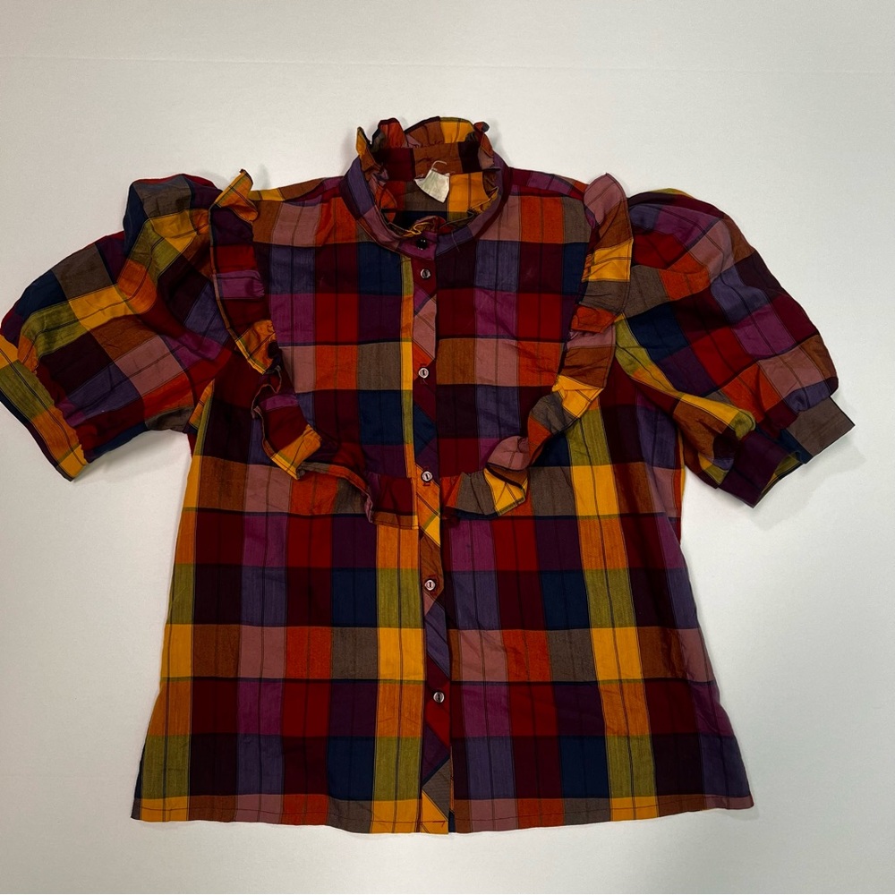 Vintage 70s Plaid Puff Sleeve Ruffle Bib Button down by Hocus Pocus - Picture 5 of 5